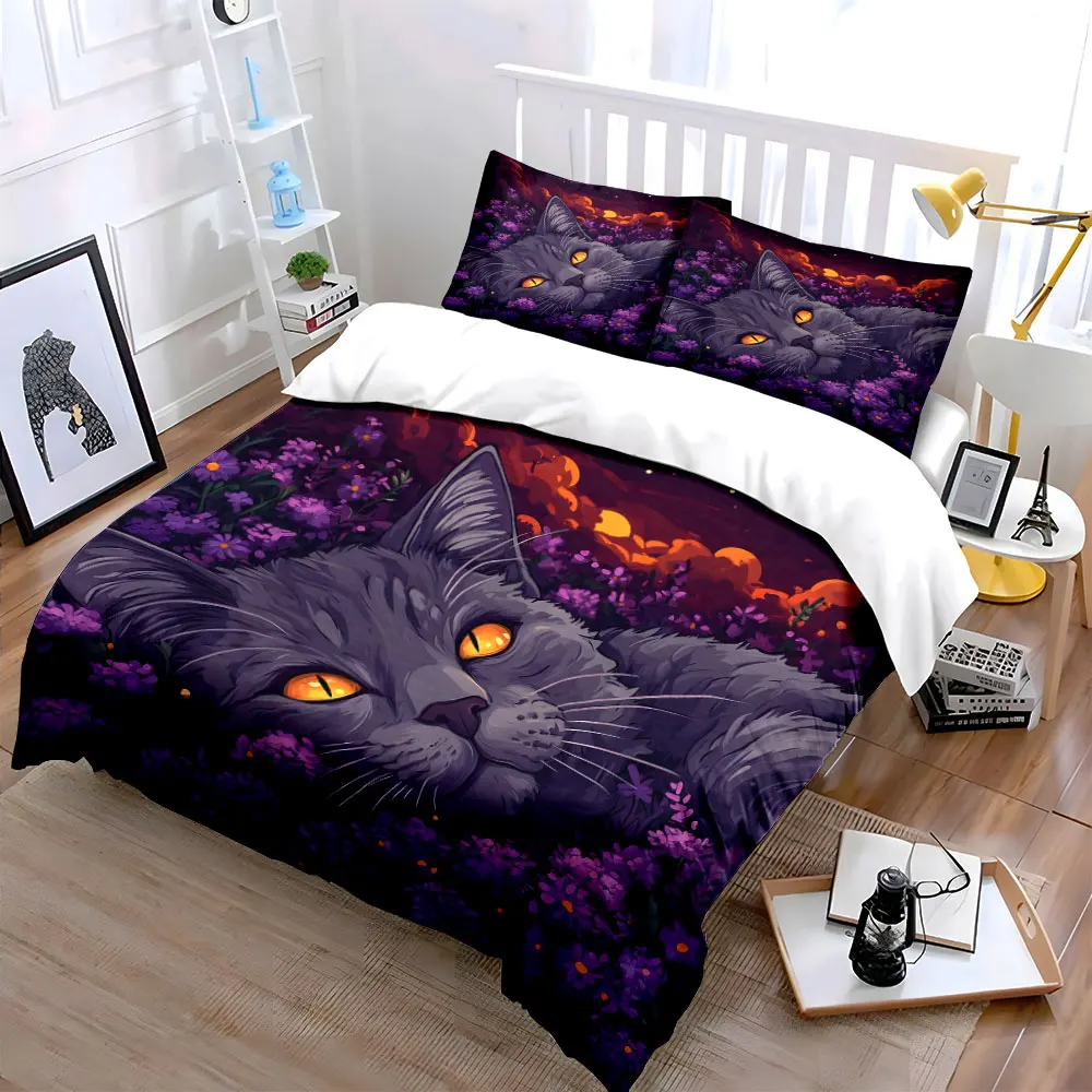 Sparkling-eyed cat in purple flowers Duvet Cover Set with 3D Printing Design Soft Polyester Bedding Set All-Season Comfort