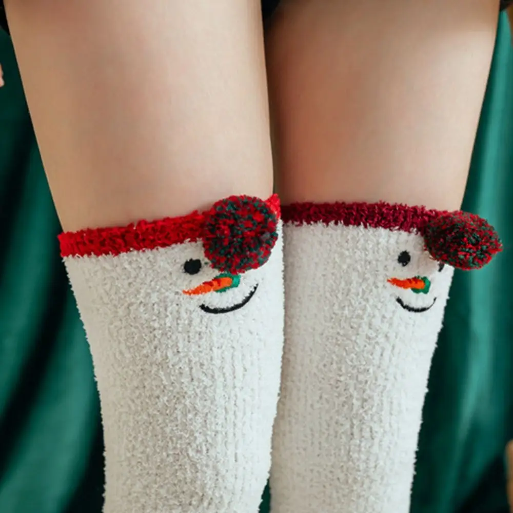 Simple Bow Santa Claus Elk Christmas Gift Stripe Coral Fleece Cotton Calf Socks Ladies Hosiery Christmas Stockings Floor Socks