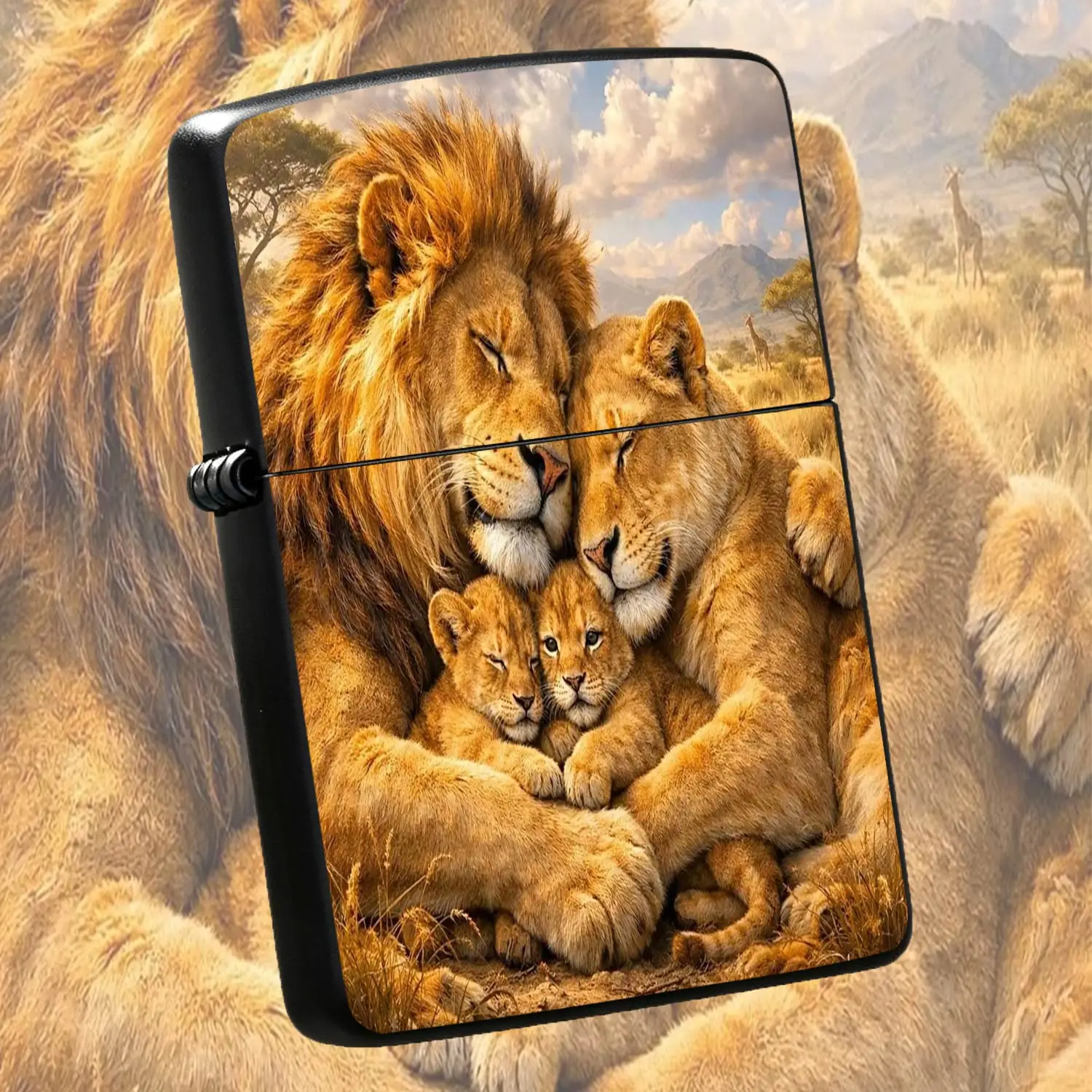Savannah Lion Family Warm Group Portrait Pattern Portable Igniter, Healing Animal Themed Daily Carry Item, Suitable for Home Outdoor Travel Scenarios, Exquisite Practical Creative Decor Little Gi A Humorous And Interesting Lighter
