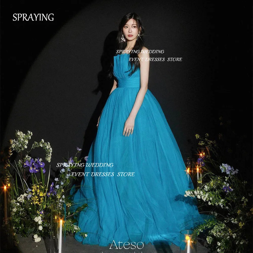 

SPRAYING Simple Blue Strapless Wedding Dress Photoshoot A-line Floor-Length Long Bridal Gown Tulle Pleat Corset Back Prom Dress