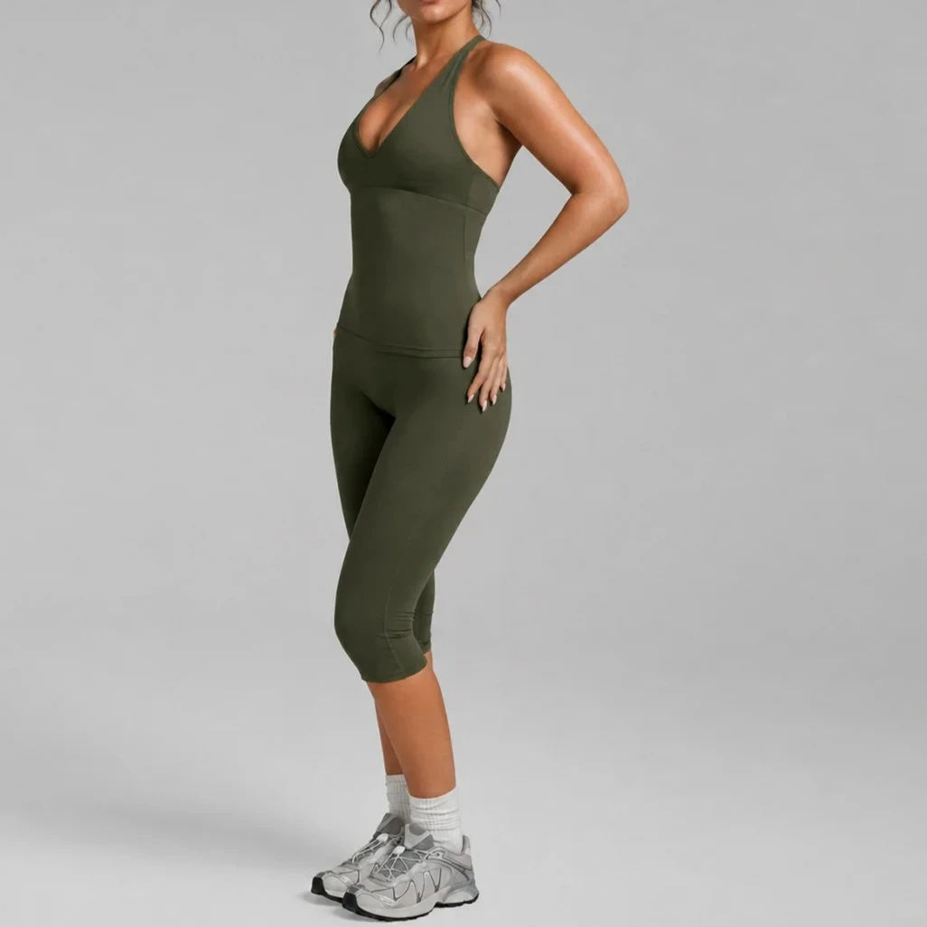 C*B Women 2 Piece Yoga Set V Neck Halter Sports Top High Waist Capri Leggings Stretch Fitness Workout Pilates Outfits