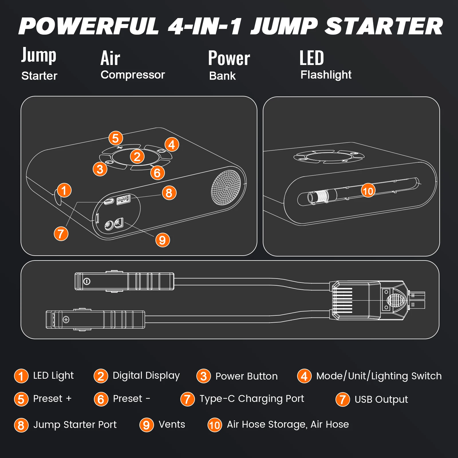 OEM Support New Arrival Car Booster Battery Jump Starter 12V 8000mAh 1500 Peak Air Pump Power Bank For Car Safe Power Bank