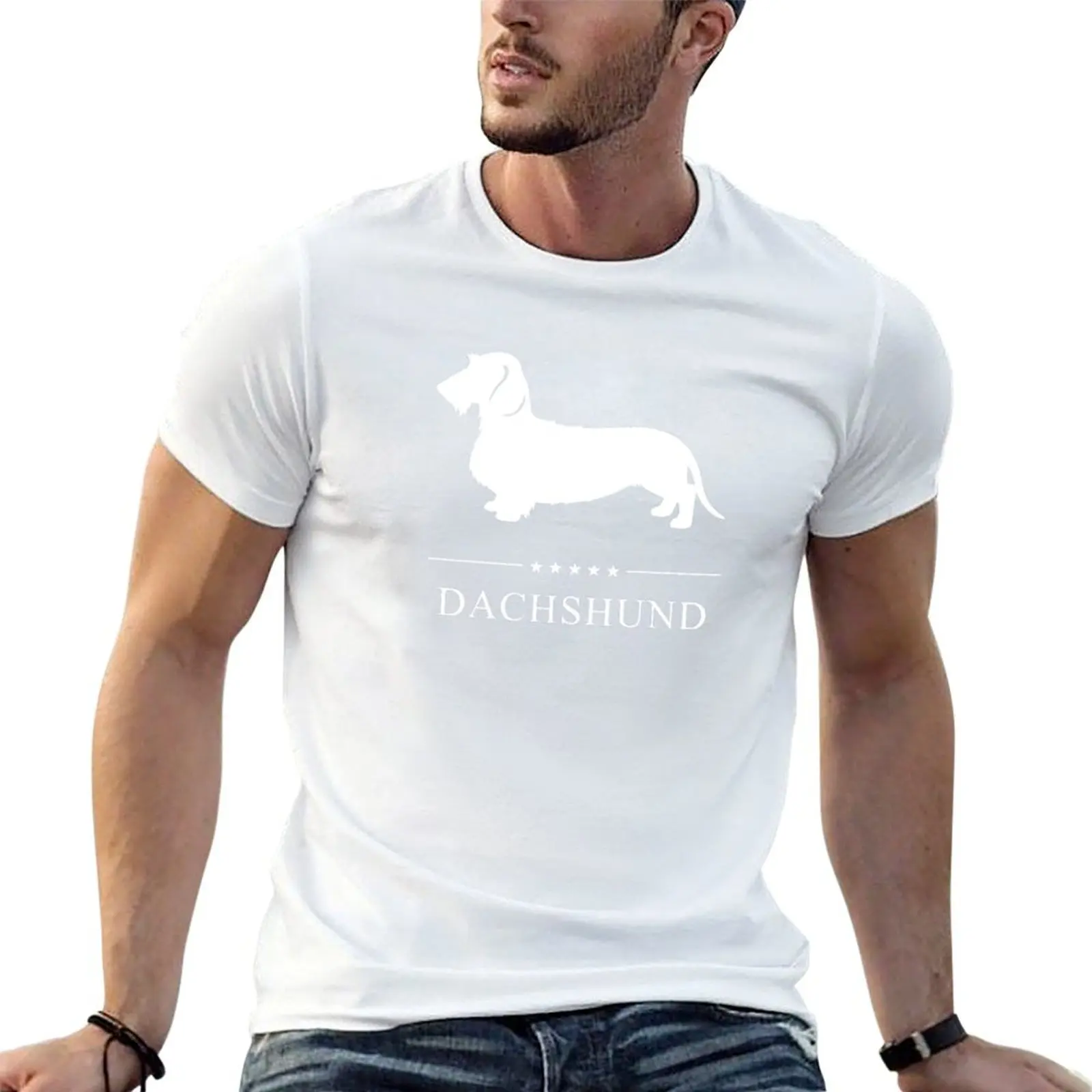 Wirehaired Dachshund White Silhouette T-Shirt Comfortable Basic Crew Neck Tee