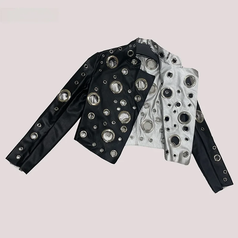 Nerazzurri ort PU Pelle Jaet Colletto alla coreana da donna Patchwork Colore Blo Scava fuori Street Sle Faion Capispalla