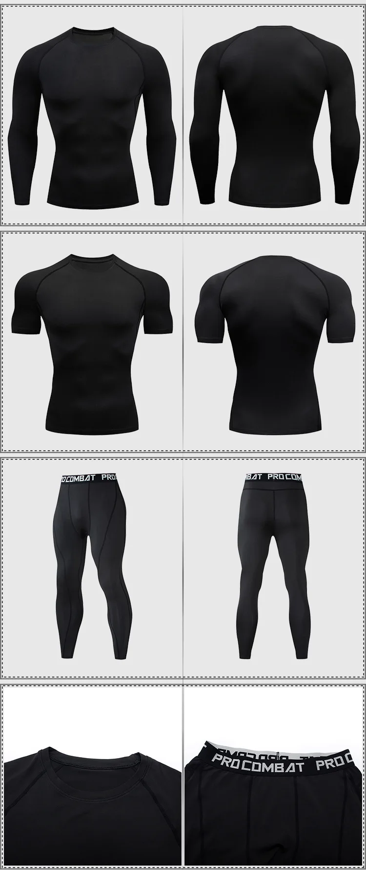 Ensemble de survêtement de boxe à manches longues et leggings pour homme, vêtements de compression MMA, kit Rashguard, sport imbibé, 2 pièces, 3