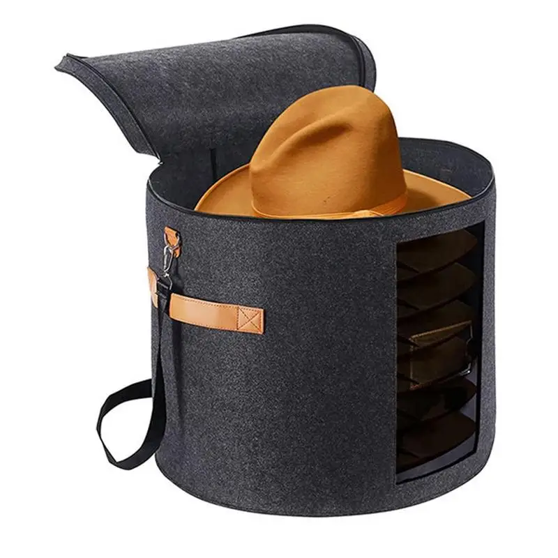 

Hat Storage Box Dustproof Hat Storage Box With Zippered Lid Window Shoulder Strap Felt Round Pop Up Box Home Accessories