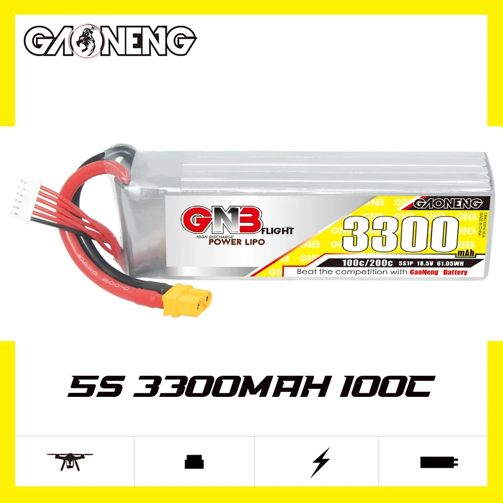 GAONENG GNB 3300mAh 5S 100C 200C 18.5V XT60 LiPo Battery 1/10 Scale RC Hobby Models 300mm to 360mm 7 inches FPV Drone RC Boat