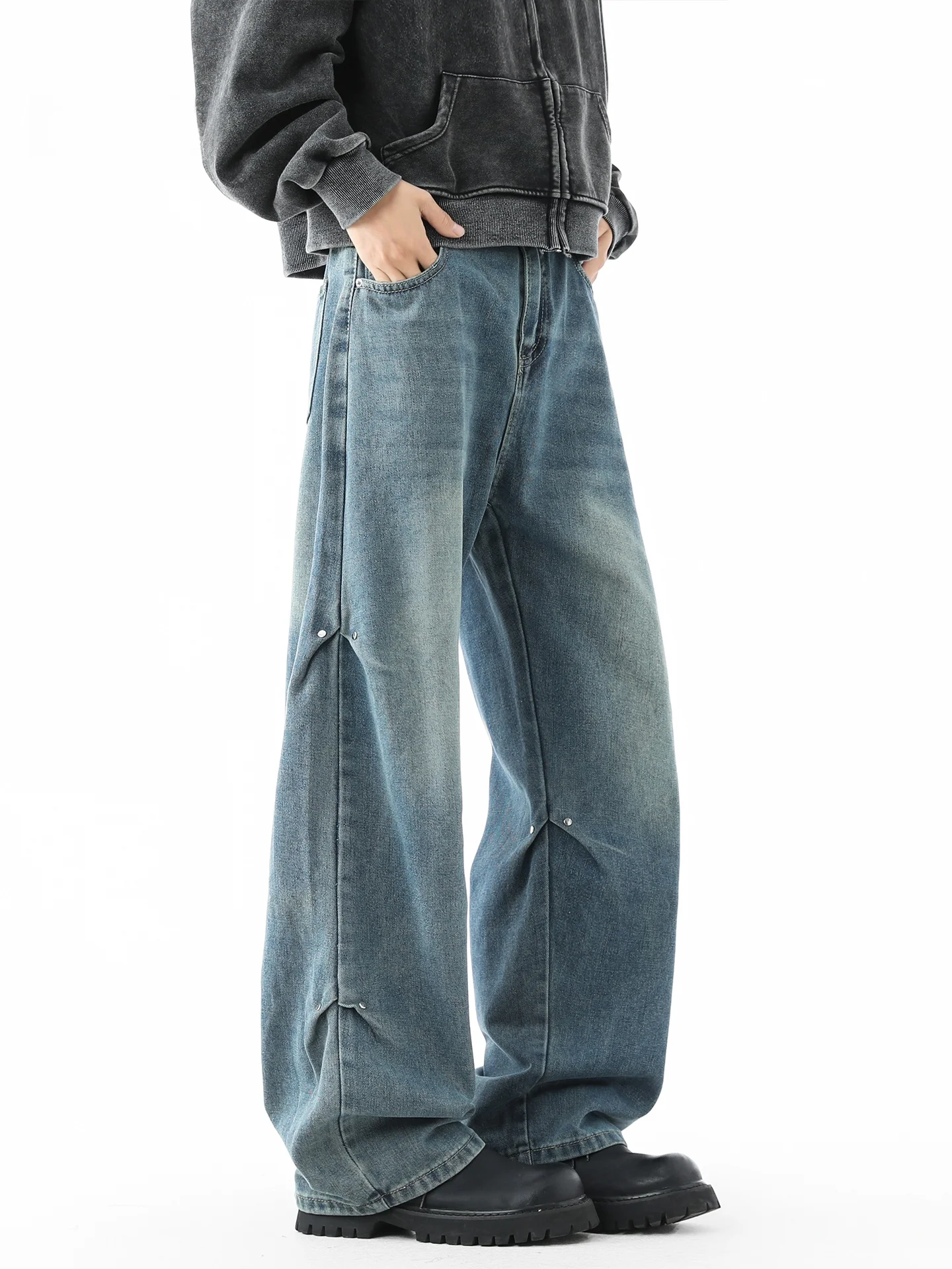 

American High Street Folded Knife Jeans Men's Autumn Winter Thi Casual Waed Wide Leg Pants Relaxed Fit Jeans for Men