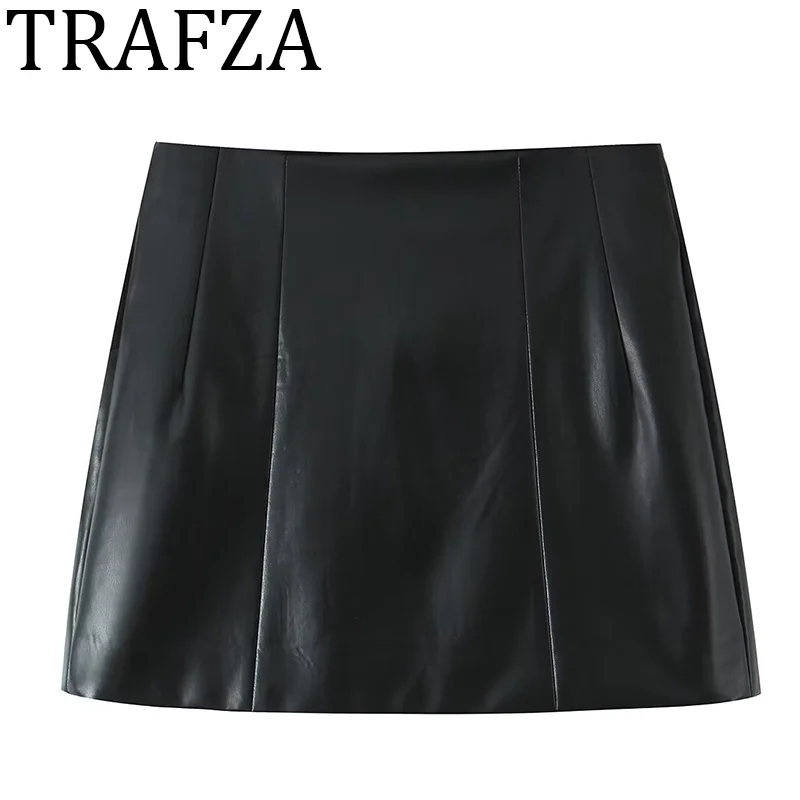 

TRAFZA Woman 2025 Faux Leather Short Skirts Mid-Rise A-Line Patterned Black Mini Skirts for Women Sexy Streetwear Woman clothes