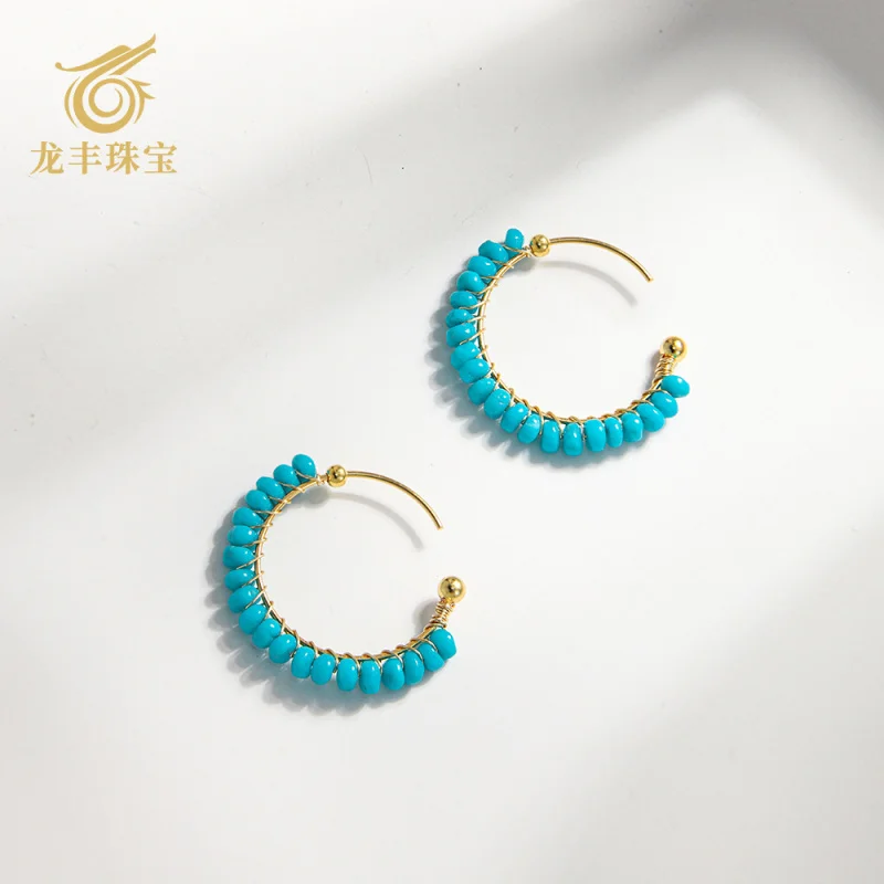 Turquoise Earrings Natural Turquoise S925 Silver Plated 18K Gold Beautiful Pine Seed Material C-shaped Stud Earrings Women