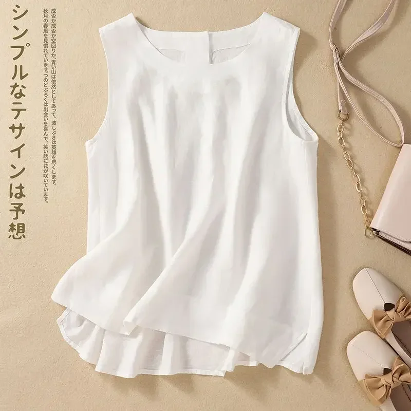 Simple COTTON Linen Summer Vest Women Retro White Women\'s T-shirt Versatile Tank Top Loose Solid O-Neck Casual Sleeveless Top