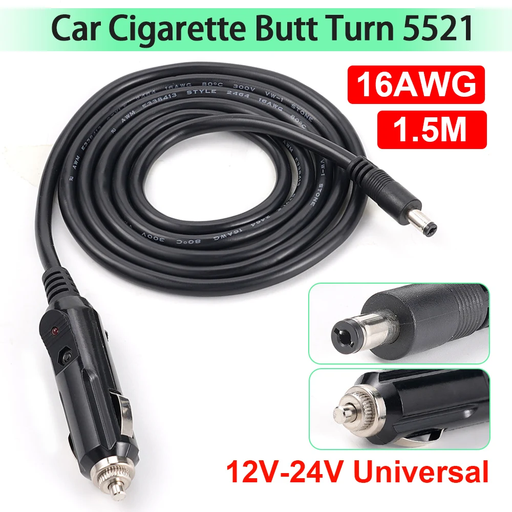 

16AWG DC5521/7909 Universal 12V-24Vmale Cigarette Lighter Plug Cable Connection Line Car Charger Power Cable With LED Light