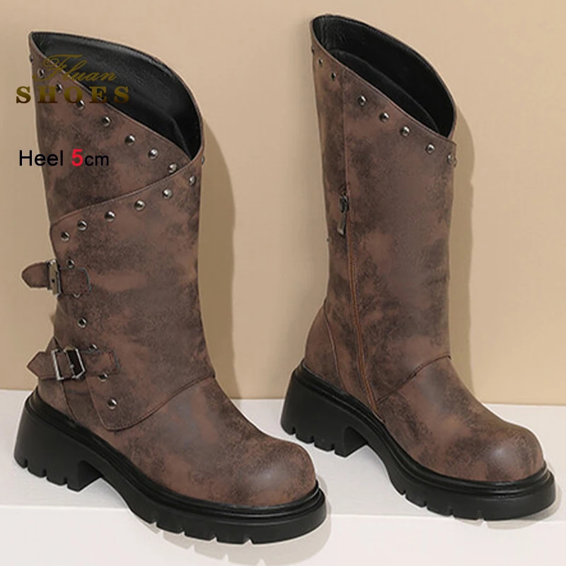 

New Fall Winter Dark Brown Women's Knight Boots Rivets Round Toe Mid-Calf Boots Chunky Heels 5cm Side Zipper Ladies Middle Boots