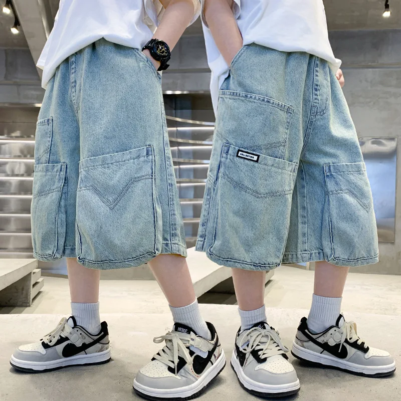 2026 Summer New Kids Designer Blue Denim Cargo Shorts with big pockets Tweens Boy  Casual Straight Jeans Shorts For Child