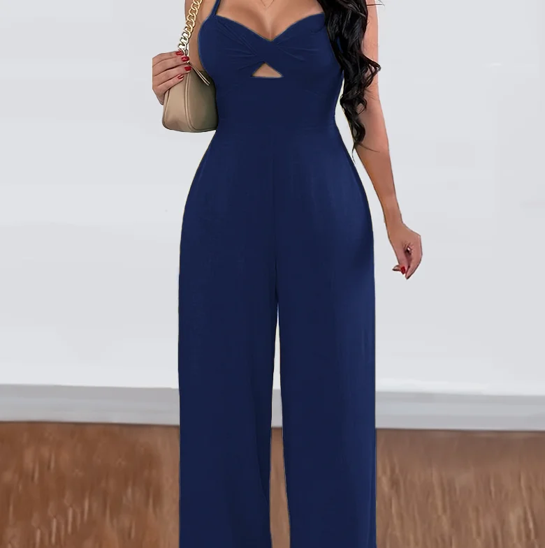 

Summer Casual Sexy Vacation Commuting Style Backless Solid Color Suspender Wide Leg Jumpsuit Women's High Waisted Jumpsuit