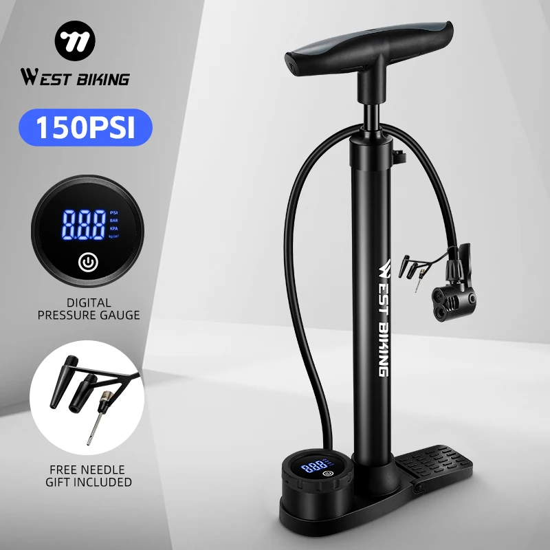 

WEST BIKING 150PSI Bicycle Pump Digital Pressure Gauge Pump Stainless Schrader/Presta/woods Valve Universal Bike Accessories