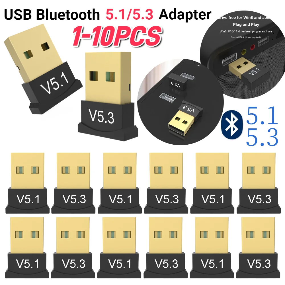 USB Bluetooth-Compatible 5.3/5.1 Adapter Support Windows 11/10/8.1 Music Receiver Adapter for Computer PC Laptop Earphone