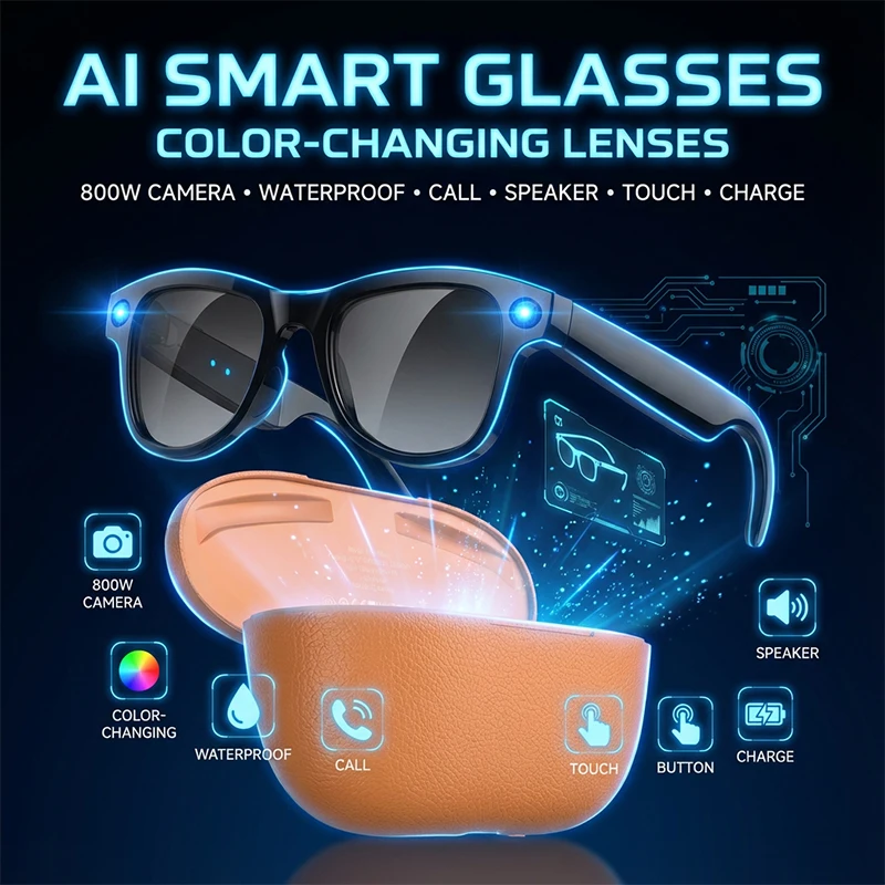 

AI Smart Glasses With Camera 2026 Bluetooth Call Voice Assistant Control Eyewear Translator Photo Video Photochromic Sunglasses