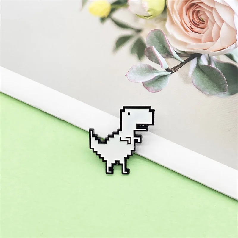 Simple Geometric Square White Dinosaur Metal Enamel Brooch Punk Style Cartoon Cute Tyrannosaurus Design Badge Pin Jewelry Gift