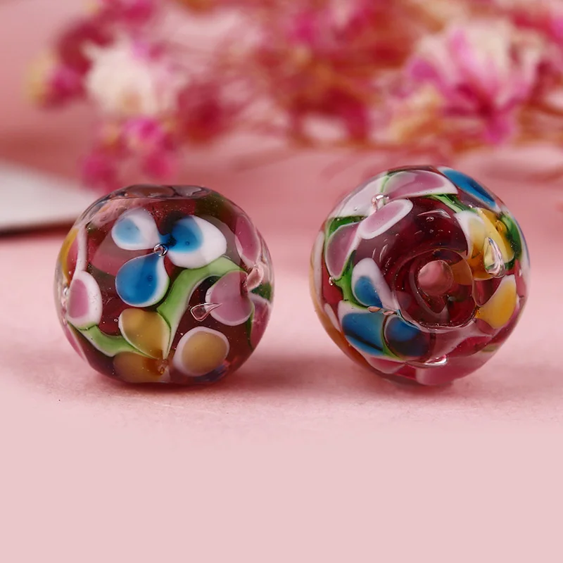 5/10Pcs 12mm Retro Handmade Glass lampwork beads Flower Round  colour decoration beads DIY for Jewelry making Wholesale