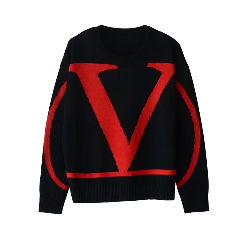 24 New Fashion Casual Warm Large V Letter Embroidered Sweater Round Neck Long Sleeve Loose Knitting Sweater T-shirt Top Pullover