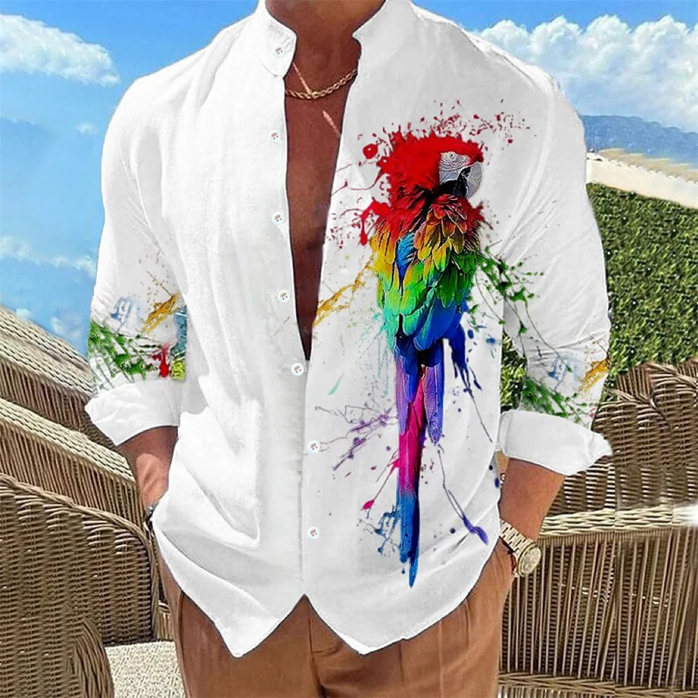 Camisa floral de manga comprida estampada masculina, camisa de botão lapela, confortável, casual, festa social, elegante, tamanho grande