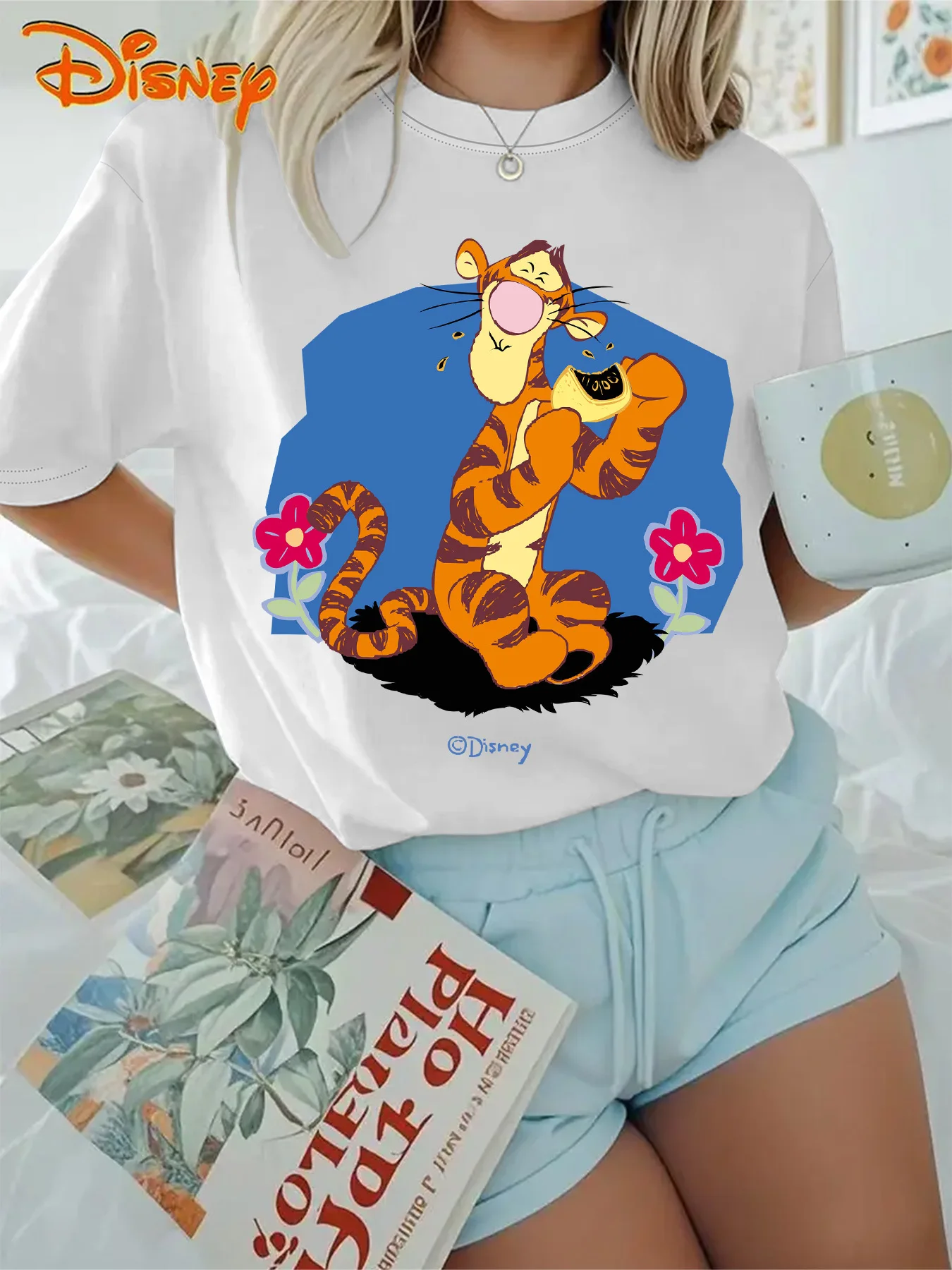Disney T-shirt met schattige tijger- en bloemenprint voor dames - Levendig blauw casual top met korte mouwen en ronde hals voor zomer en lente
