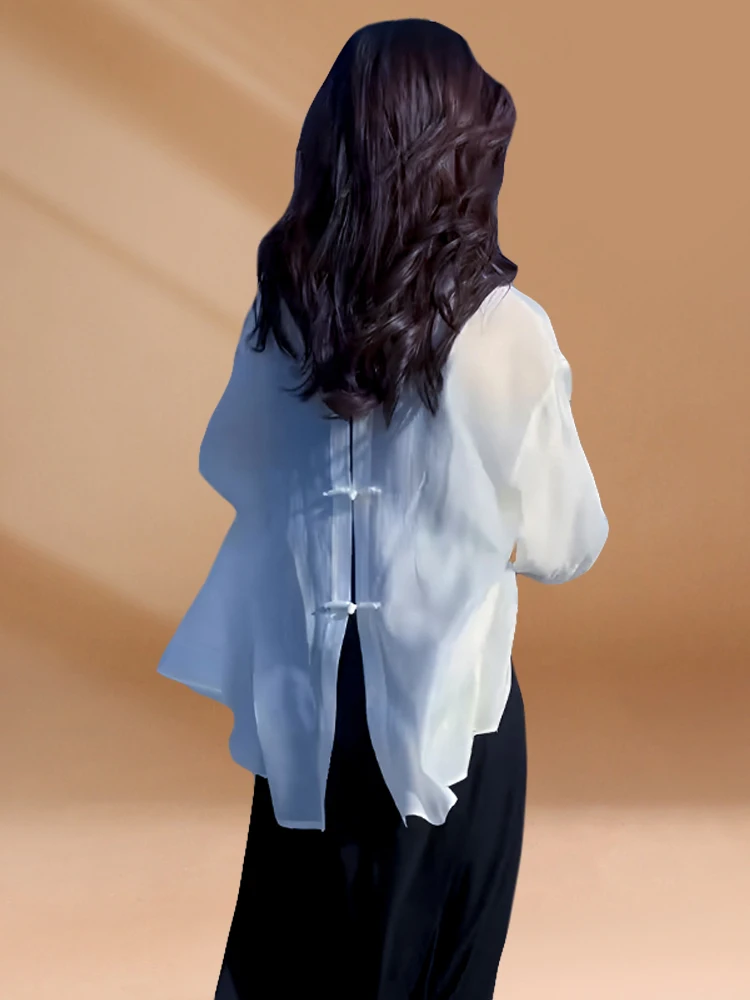 

Легкий женский кардиган с защитой от солнца, с разрезом сзади, сексуальный, в китайском стиле, на пуговицах, белый топ, летняя новинка