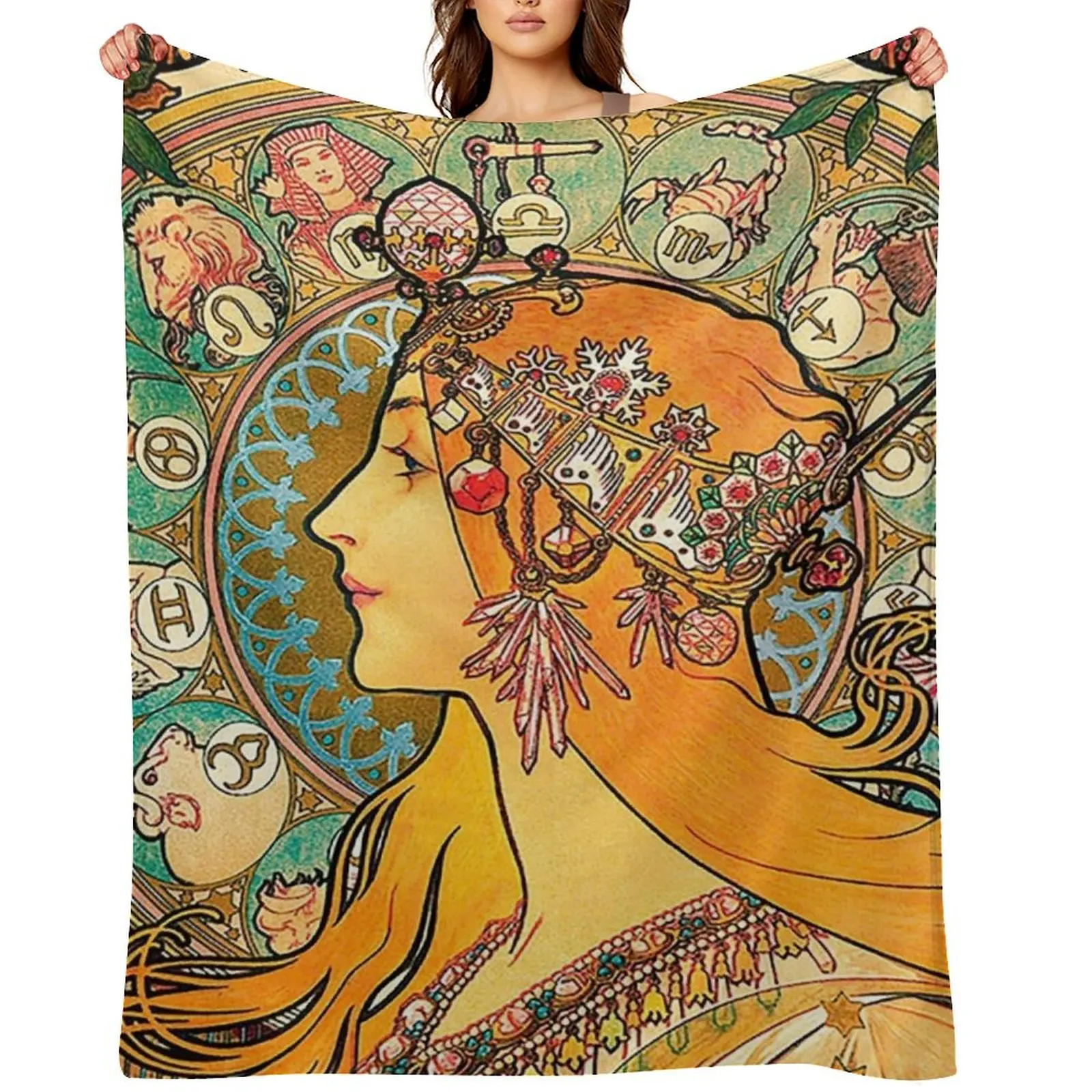 

HD. Zodiac (Original version), by Alphonse Mucha (1896) ORIGINAL COLORS Throw Blanket Sofa Throw Bed covers Blankets