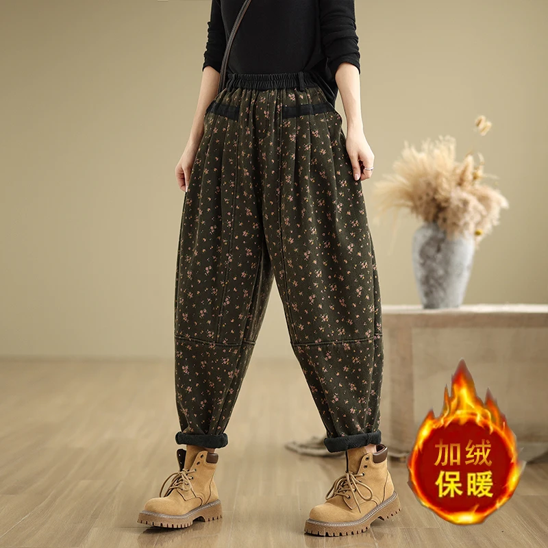 2024 New Arrival Autumn Winter Women Elastic Waist Loose Casual Jeans Vintage Print Thicken Warm Cotton Denim Harem Pants