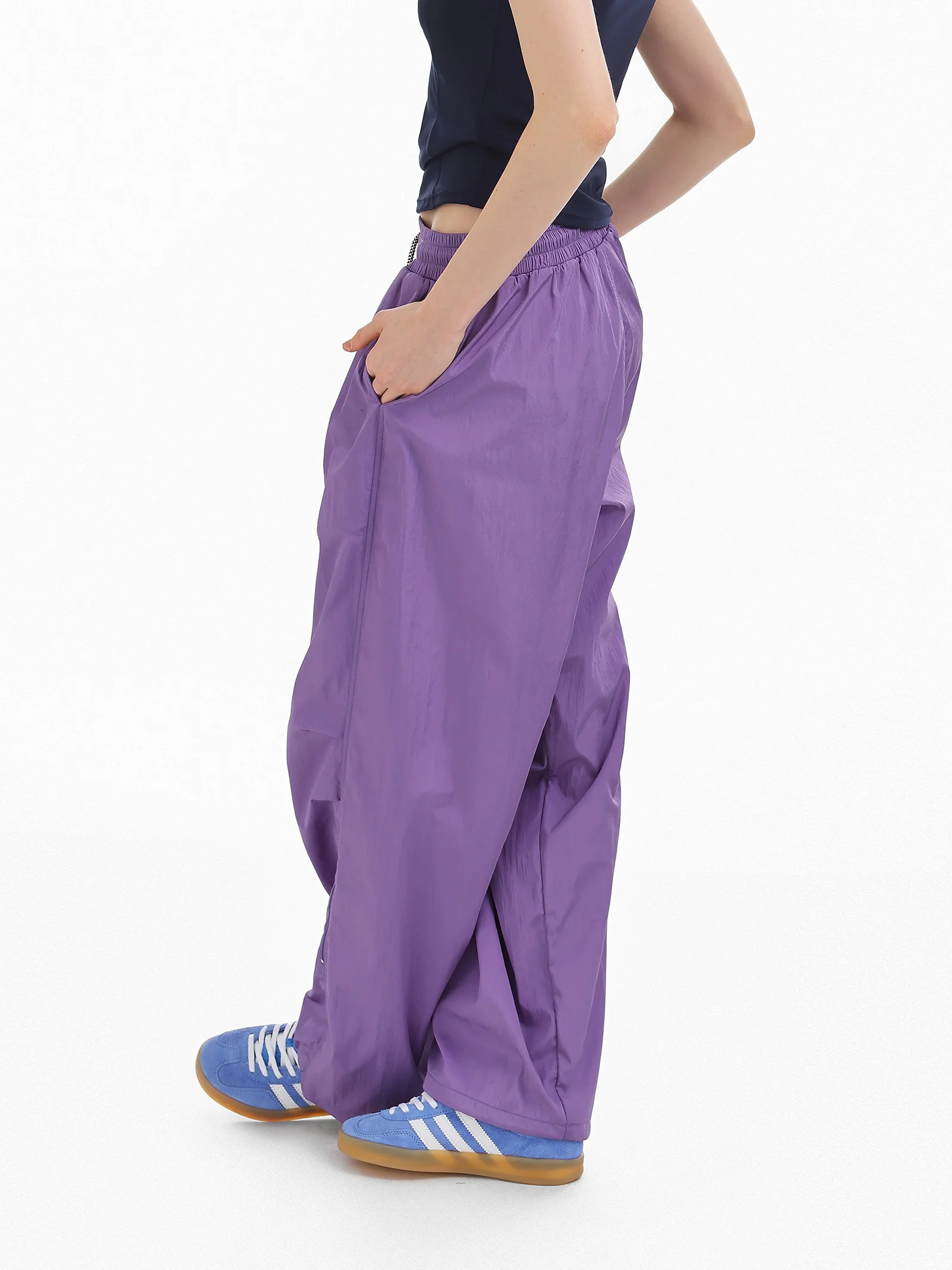DSU Purple Paratrooper Pants Women's Loose Shiny Casual Hiking Trousers City Outdoor Style Zipper Straight Leg Wide Leg Pants