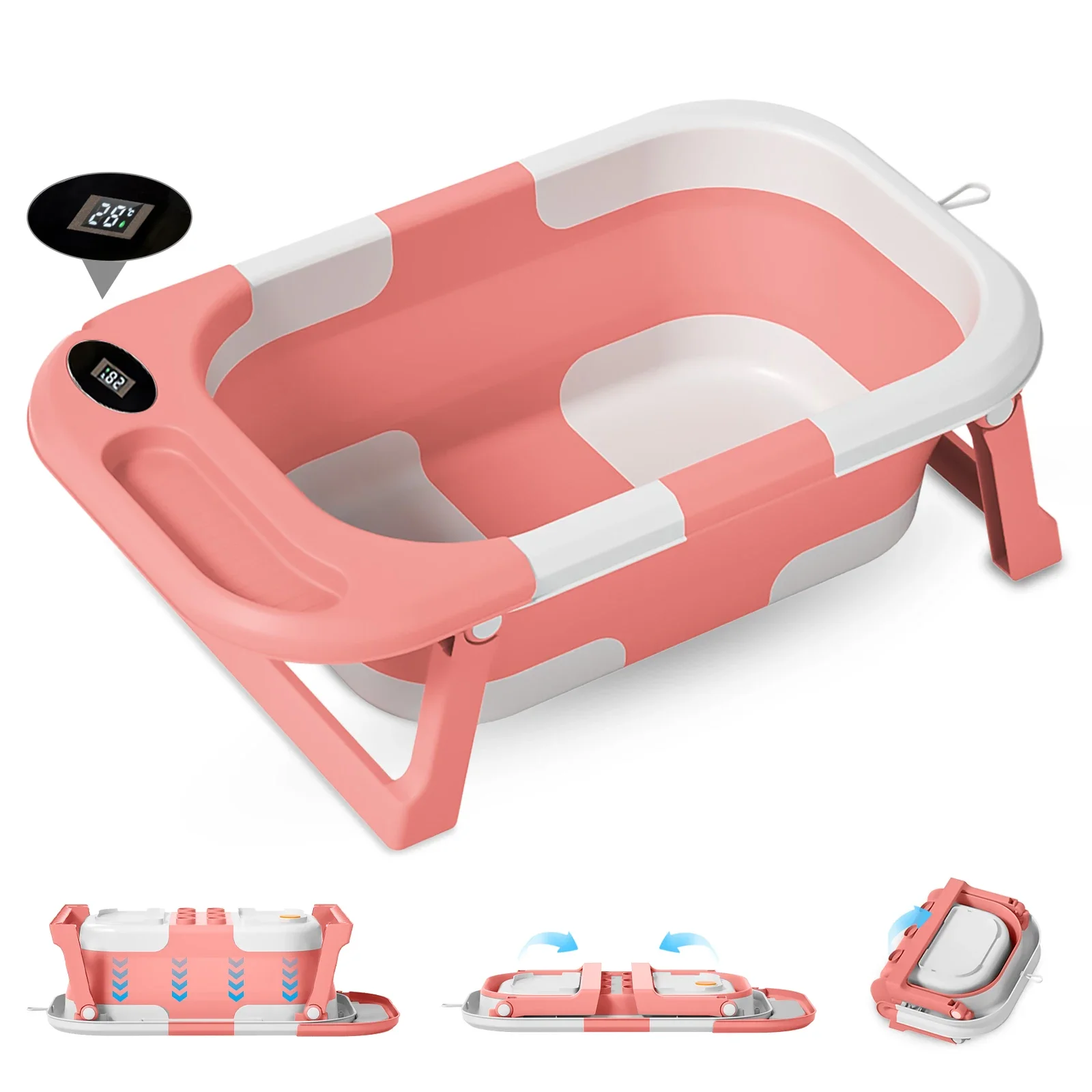 Zusammenklappbare Babybadewanne (0-6 Monate) – Neugeborenen-Badewanne mit integriertem Thermometer, tragbare Reisewanne für Kleinkinder