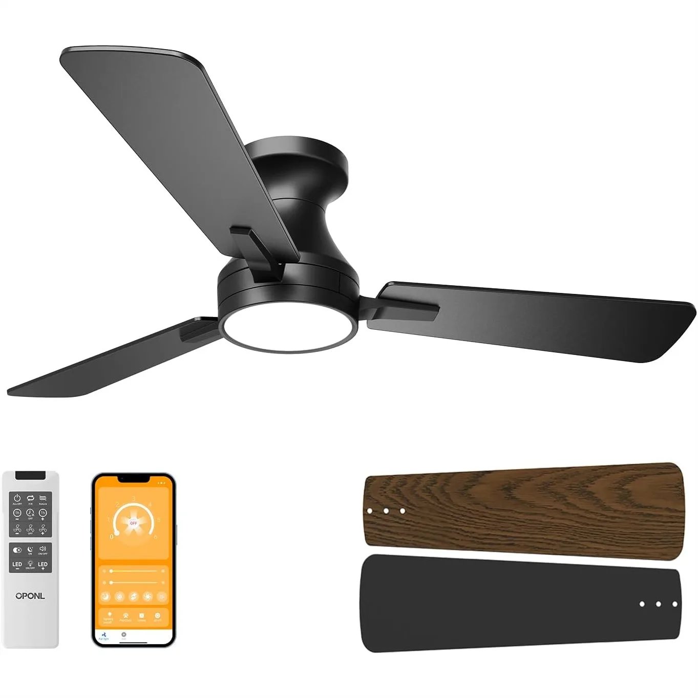 

42 inch Black Ceiling Fan with Light and Remote Control, Flush Mount, Quiet Reversible DC Motor for Bedroom Living Room Patio