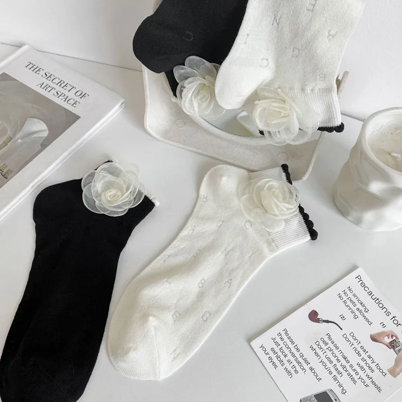 2 Pair Set Women Summer Thin Cotton Simple Cute Low Cut Socks Exquisite Letter Comfortable Camellia Flowers Lolita Fashion Wear