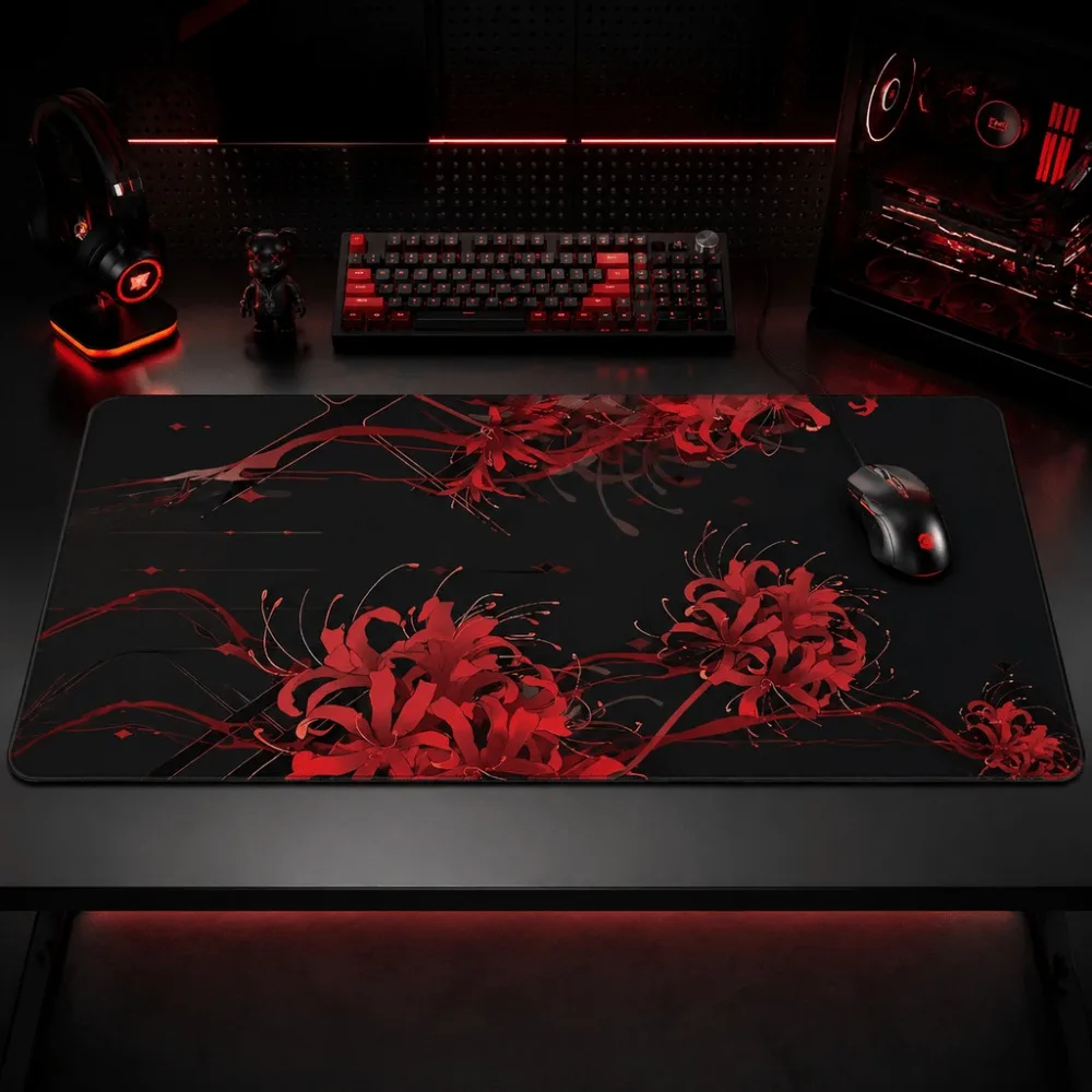 Tischset mit rotem Spinnenlilien-Blumendruck, geeignet für Gamer und PC-Benutzer als Tastatur- und Mauspad im dunklen Stil