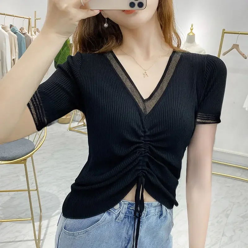 Classical Dance Clothes Women Latin Tops See Through Solid Mesh Tops Mid Sleeve Drawstring Ballet T-shirt Women Dance Costume