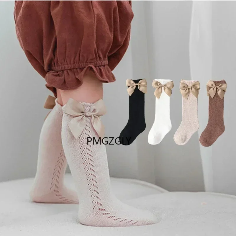 Cute Girls Knee High Socks Bow Cotton Breathable Soft Children Socks Hollow Out Stockings Kids Infant Long Socks Princess Style