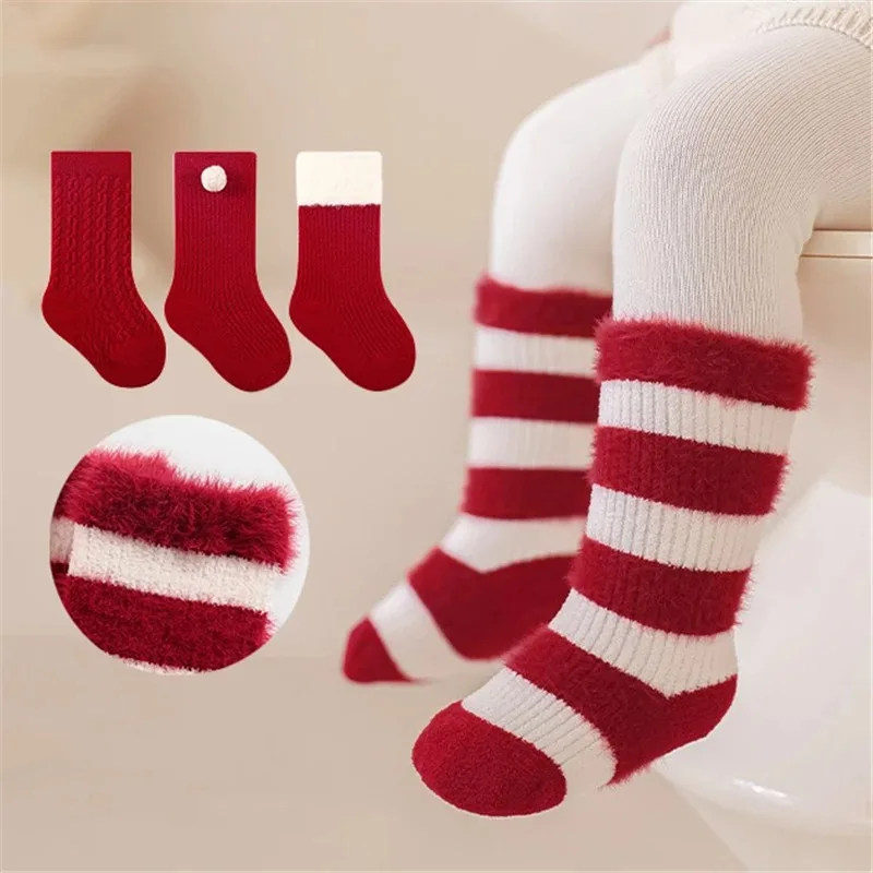 Winter Thick Baby Red Socks Newborn Plush Warm Striped Leg Warmers Toddler Kids Xmas New Year Birthday Gift For Girls Boys