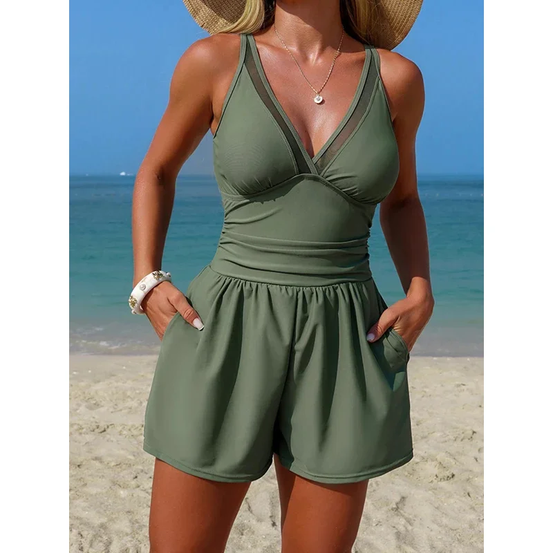 

2026 Women's One Piece Mesh Swimsuit Tummy Control Swimwear Romper with Pockets High Elastic Female Beach Bathing Swim Bodysuit