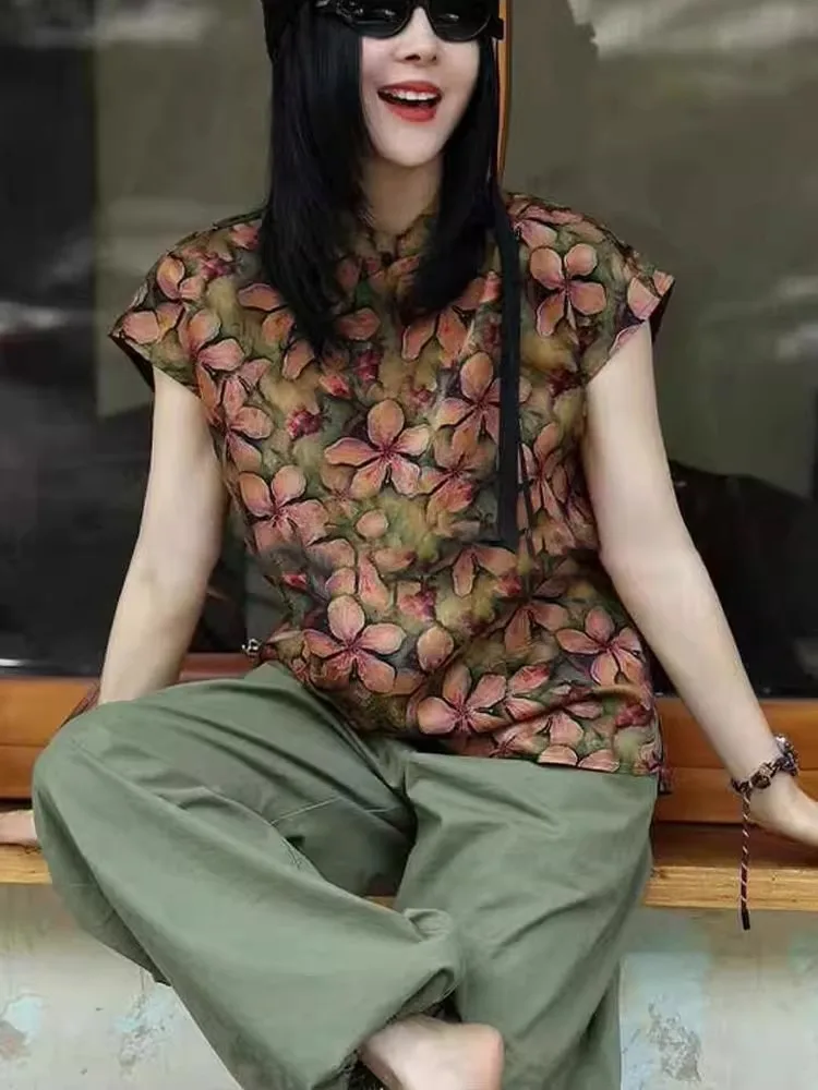 Nouveau chinois Sle jeune rétro Tang costume irt Ladylike coupe ample ort Sve col montant imprimé fleuri été 2025 haut tendance
