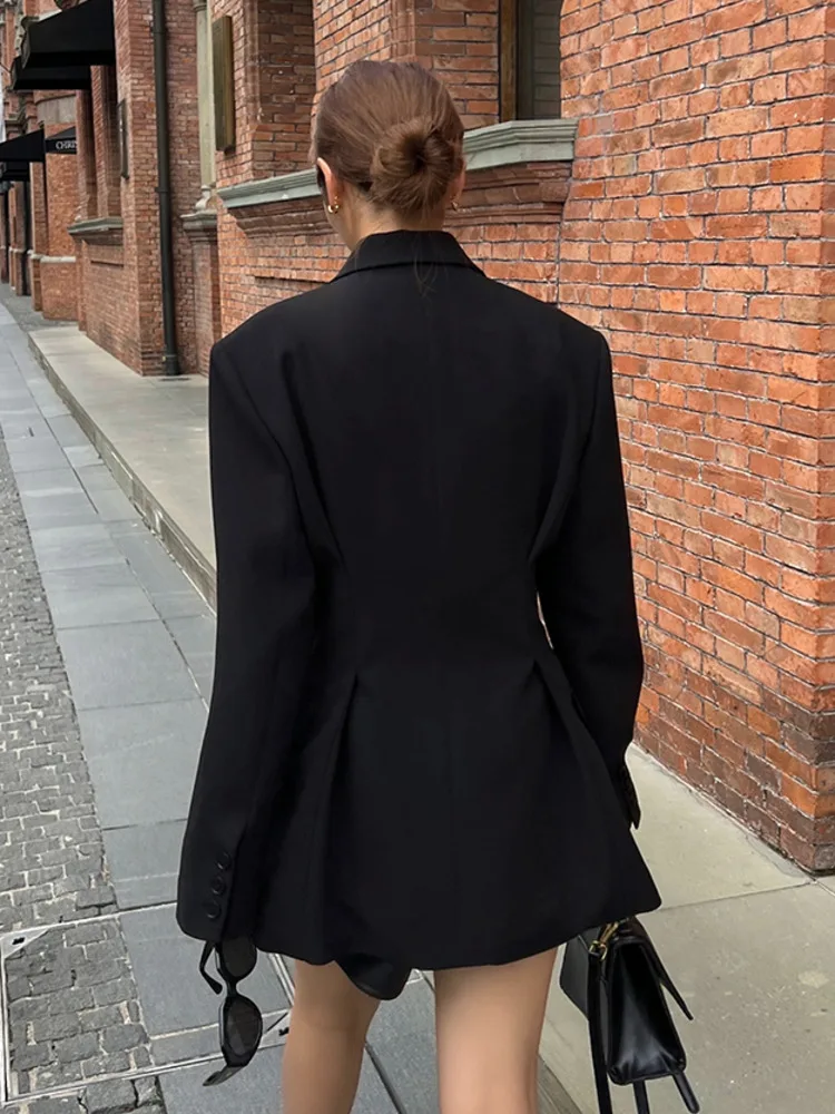 DEAT Fashion Women\'s Blazer Single Button Notched Collar Long Sleeve Shoulder Pad Black Suit Jackets Spring 2023 New 17A2833