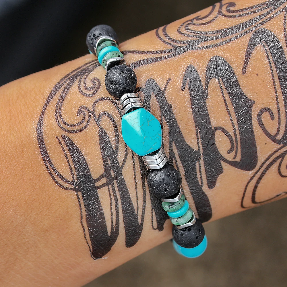 

Retro Black Gallstone Volcanic Stone Wood Beads Bracelet For Men Handmade Elastic Rope Bracelet Bangle Jewelry Gift