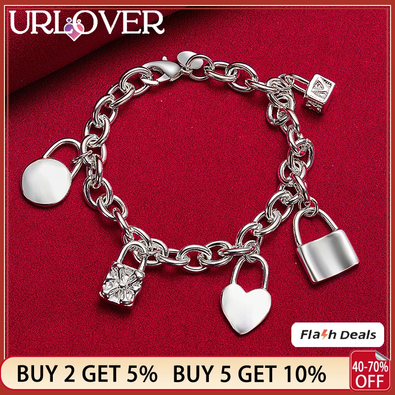 

URLOVER 925 Sterling Silver Heart/Box Lock Bracelets For Women Bracelet Party Birthday Fashion Charm Jewelry Wedding Accessories