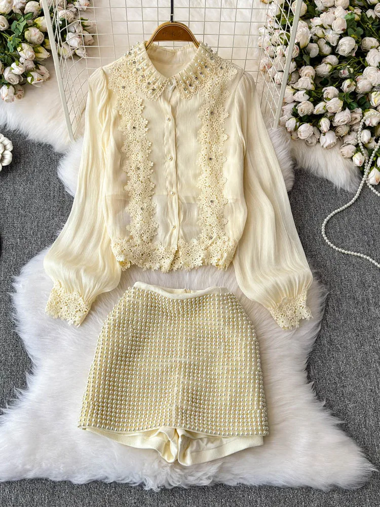 

Heavy Industry Collar Nail Bead Lace Exquisite Design Sense Bright Silk Satin Shirt Top Half Skirt Unique Two Piece Set