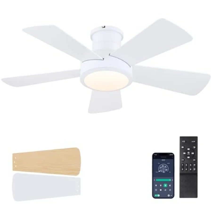 Flush Mount Ceiling Fan with Lights and Remote, Modern Quiet DC Motor Low Profile Ceiling Fan for Low Ceilings, 5 Reversible Bl