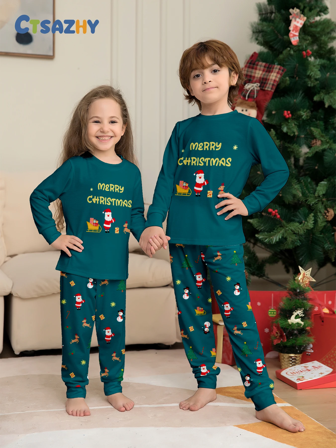 Family Christmas Pajamas Matching Parent-child Sleepwear Green Long Sleeve Santa Print Homewear Xmas Gift Men Women Kids view 3