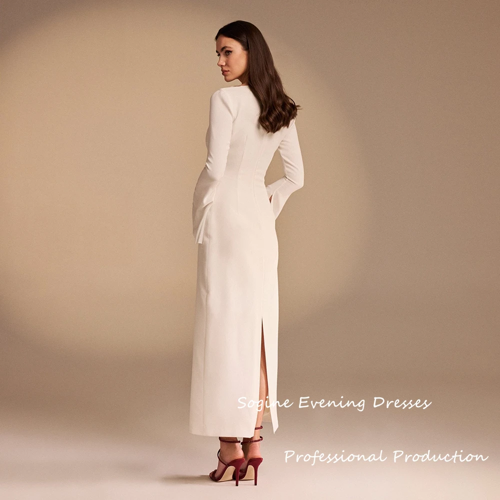 فستان حفلات الكوكتيل مستقيم بطول الكاحل عاجي بأكمام طويلة فساتين سهرة للنساء فساتين حفلات كريب كلاسيكية مع فتحة