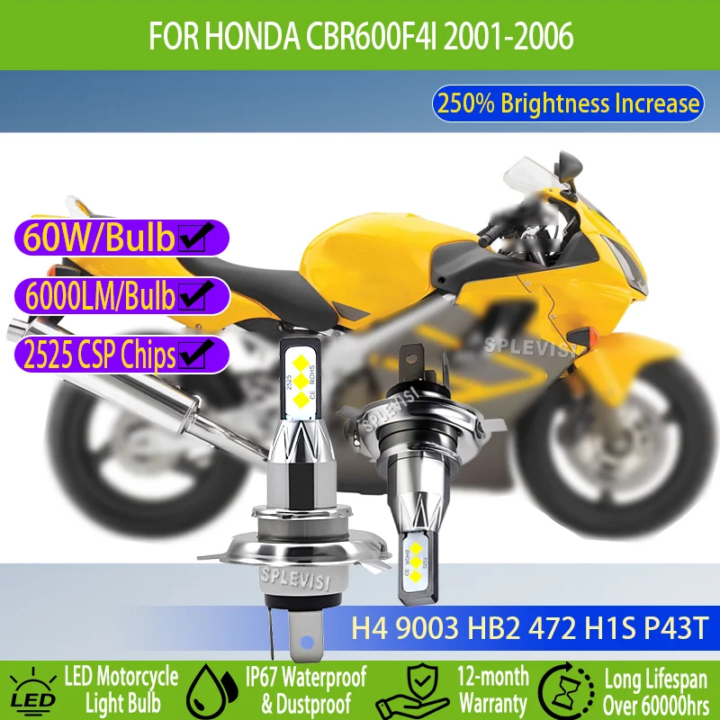 

1/2pcs 60W 6000LM/Bulb H4 LED Bulb - Fanless Design Stable Performance For Honda CBR600F4I 2001 2002 2003 2004 2005 2006