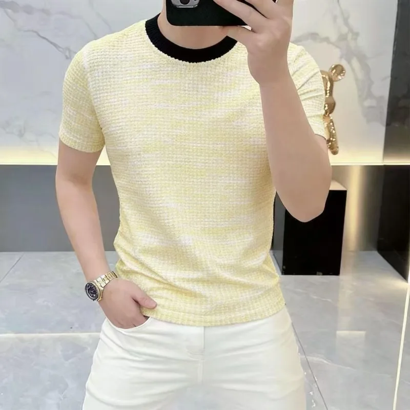 2026 Summer Heavy Industry Knitted Jacquard Short Sleeved T-shirt Slim Fit Elastic Comfortable Casual T-shirts Social Streetwear
