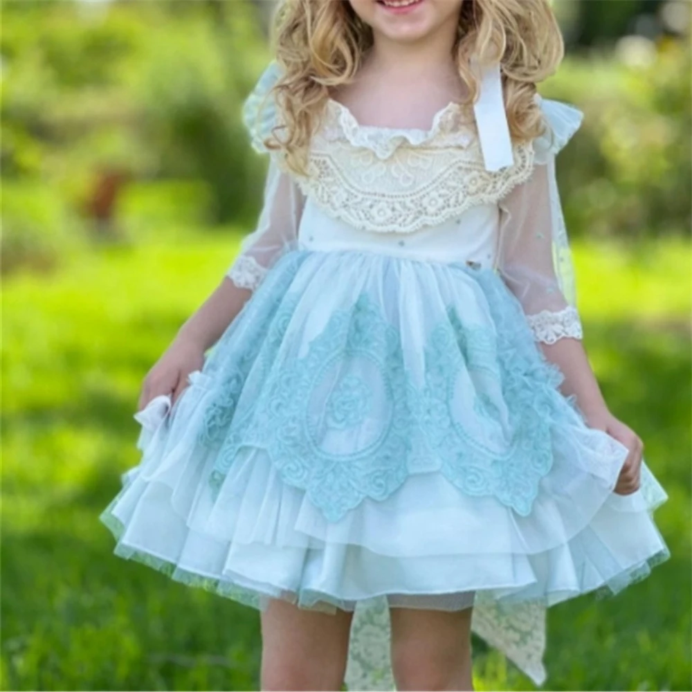 Adorável verão azul flor meninas vestido vintage lolita princesa vestido de baile para crianças presente aniversário comunhão vestidos de casamento